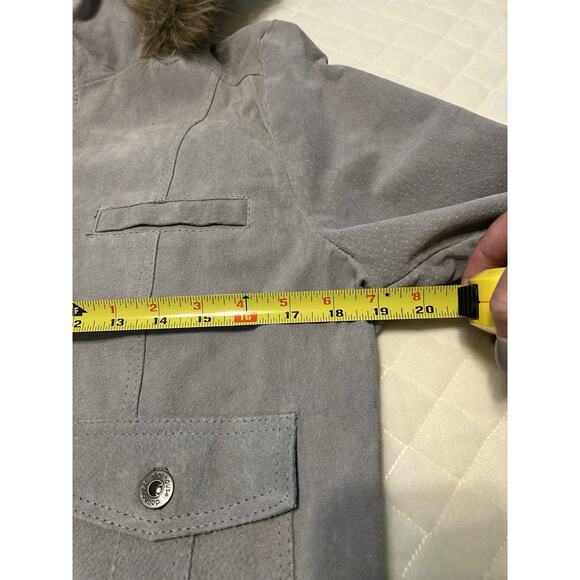 NWT DOLLHOUSE Sz Large Bomber Jacket Gray Genuine Leather Suede Faux Fur Hoodie - Picture 14 of 16